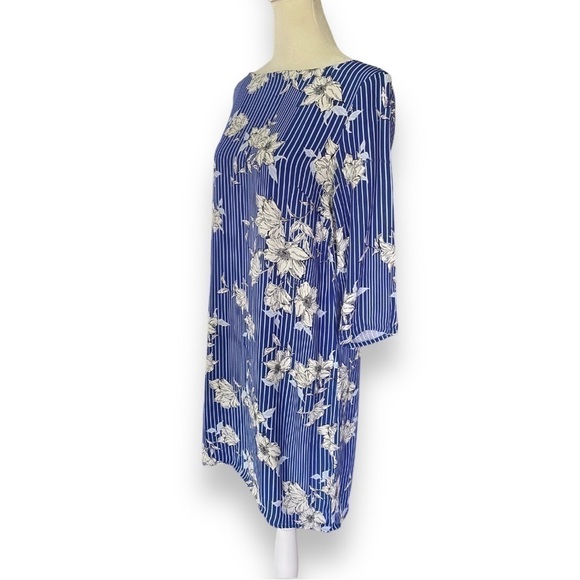 Halogen Blue and Cream Stripe with Floral Print 3/4 Sleeve Shift Dress | Size S - Picture 5 of 15
